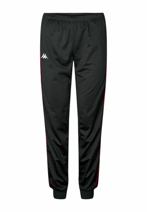 Sorte treningsbukser med røde sidestriper, elastisk livbånd, tapered ben, laget av glatt og lett stoff. Har en logo foran.