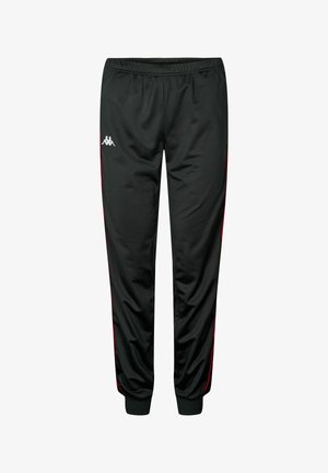 Fekete sportnadrág piros oldalsávokkal, elasztikus derékkal, szűkülő lábakkal, sima, könnyű anyagból készült. Elöl logó található.