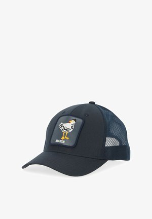 Marineblaues Basecap mit Netzseiten, das ein rechteckiges Patch mit einem stilisierten weißen Huhn zeigt. Das Patch enthält das Wort "SEASIDE."