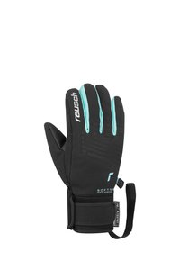 Schwarze Winterhandschuhe mit strukturierter Oberfläche, türkisfarbenen Akzenten und verstellbarem Handgelenkband. Hergestellt aus flexiblem, wasserabweisendem Material.