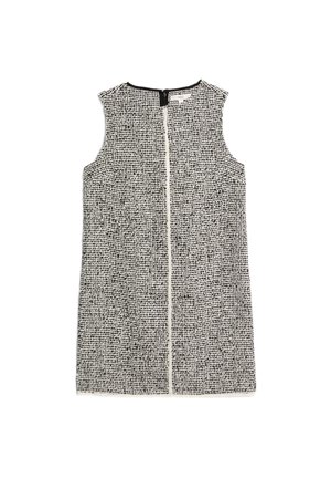 Sleeveless black and white textured dress with a round neckline and front zipper closure.