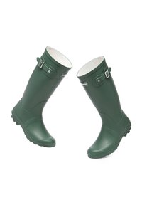 Grüne Gummiregenstiefel mit glatter Oberfläche, verstellbarem Schnallen-Detail, runder Zehenpartie und stabilen, profilierten Sohlen für gute Haftung.