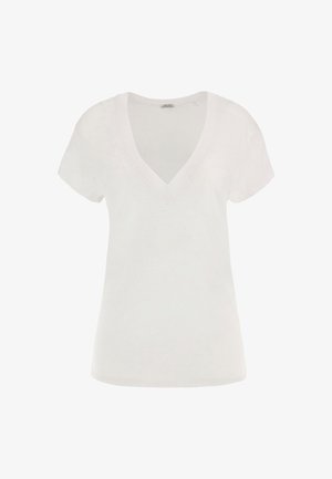 Biała koszulka z dekoltem w serek i krótkimi rękawami, wykonana z miękkiego materiału. Charakteryzuje się luźnym krojem i minimalistycznym stylem. Brak widocznych wzorów lub akcentów.