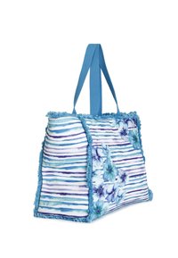 Sininen kukkakuosiset kantokassi vaaleansinisillä raidoilla, teksturoiduilla fringeyksityiskohdilla ja olkahihnoilla, valmistettu kevyestä ja kestävästä kankaasta.