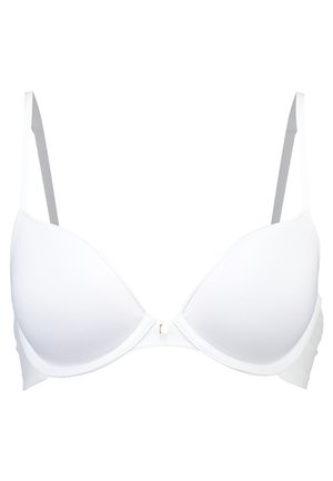 Witte onderwire bh met gladde, gevormde cups, verstelbare bandjes en een klein goudkleurig hardware detail bij de sluiting aan de voorkant.