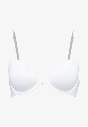 Hvit bh med undertråd, glatte, formede kopper, justerbare stropper og en liten gull detalj ved frontspennen.