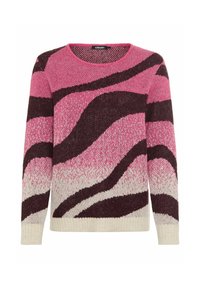 Gestrickter Pullover mit rundem Ausschnitt, der ein Wellenmuster in Rosa, Kastanienbraun und Creme zeigt; weiche Textur mit gerippten Bündchen und Saum.