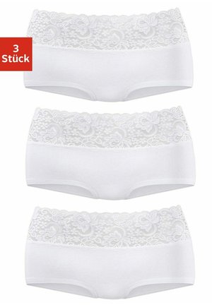 Set of three white stretch cotton hipster briefs with a floral lace waistband, featuring smooth edges and no additional embellishments.