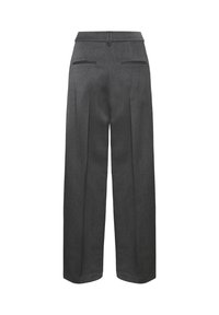 Pantalones de tiro alto y pierna ancha en tejido gris oscuro. Presenta dos bolsillos traseros y sutiles pliegues, ofreciendo una apariencia ajustada.