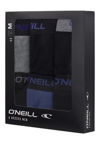 Lot de six boxers pour hommes en noir, gris et bleu marine. Tissu doux avec des accents de logo sur les ceintures. Présenté dans une boîte noire.