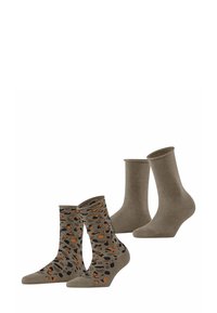 Zwei Paare Baumwollsocken: eines in einem einfarbigen Taupe-Ton und das andere mit einem beigen Grund und einem schwarzen und orangefarbenen Leopardenmuster.
