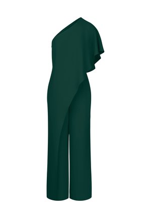 Dunkelgrüner Jumpsuit mit einem Schulterträger, versehen mit Drapierungen und weitem Bein. Hergestellt aus glattem Stoff mit minimalistischem Design.