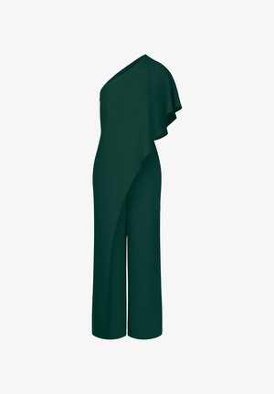 Mørkegrøn jumpsuit med én skulder, der har draperede detaljer og brede ben. Lavet af glat stof med et minimalistisk design.