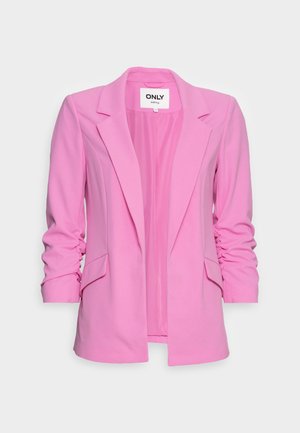Růžové sako na míru s nařasenými rukávy, rozparkovanými klopami, kapsami s klopami a otevřeným předním dílem od značky ONLY.