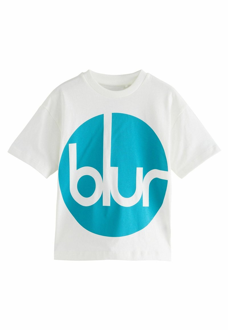 Weißes Baumwoll-T-Shirt mit einem großen türkisfarbenen kreisförmigen Grafik, auf der das Wort "blur" in fetten weißen Buchstaben steht. Kurze Ärmel und gerippter Halsausschnitt.