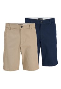 Deux paires de shorts pour hommes, un beige et un bleu marine, avec des passants de ceinture, des boutons à l'avant et une fermeture éclair.