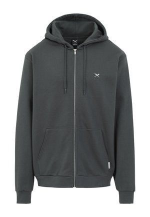 Dunkelgrauer Zip-Hoodie mit Kordelzug an der Kapuze, vorderen Kängurutaschen und kleiner weißer Stickerei auf der linken Brust.