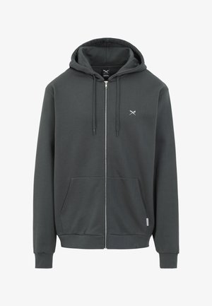 Dunkelgrauer Zip-Hoodie mit Kordelzug an der Kapuze, vorderen Kängurutaschen und kleiner weißer Stickerei auf der linken Brust.