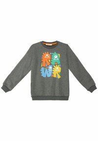 Grauer Sweatshirt mit gerippten Bündchen und Saum, das auf der Vorderseite farbenfrohe cartoonartige Monstergrafiken in Orange, Blau, Grün und Gelb zeigt.