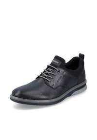 Black leather shoes with perforated design, grey laces, and a padded collar. Features a textured sole and Rieker logo on the tongue.