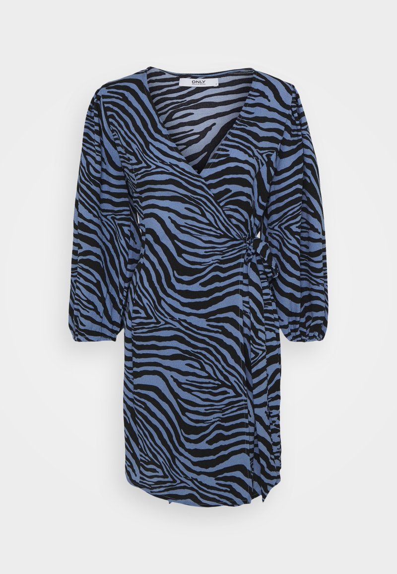 Robe portefeuille taille genou avec manches longues en imprimé zèbre bleu et noir.