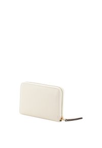 Light beige zip wallet made from smooth leather with a minimalist design, featuring a gold-tone zipper and a slim rectangular shape.