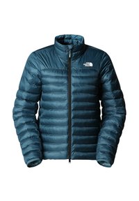 Giacca a vento teal con cuciture orizzontali, colletto alto, zip completa e logo in alto a sinistra. Tessuto leggero con una texture liscia.