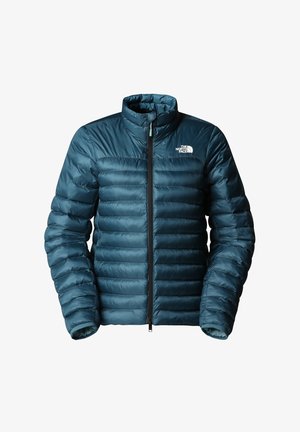 Turkusowa kurtka puchowa z poziomymi szwami, wysokim kołnierzem, pełnym zapięciem na zamek oraz logotypem na górnej lewej stronie. Lekki materiał o gładkiej fakturze.