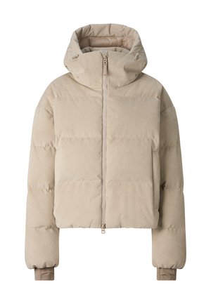 Beige corduroy padded jacket with high collar, front zipper, and long sleeves with extended inner cuffs.