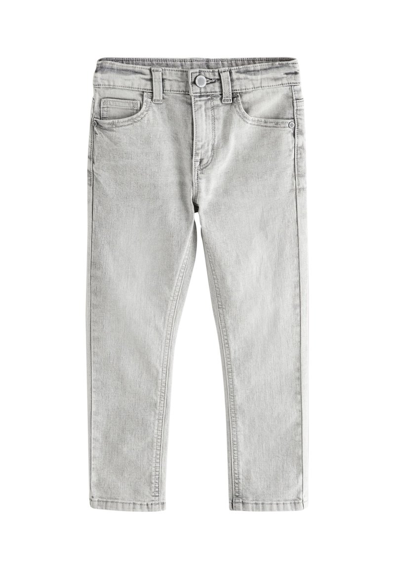 Jean denim gris clair avec cinq poches, passants de ceinture et fermeture par boutons, présenté à plat sur fond blanc.