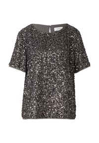 Graues Kurzarmoberteil mit metallischen Pailletten bedeckt, Rundhalsausschnitt, Reißverschluss auf der Rückseite, leicht lockere Passform, funkelnde Textur.