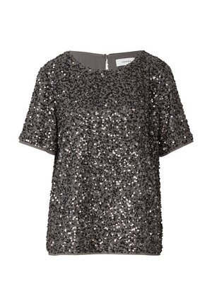 Szary top z krótkim rękawem pokryty metalicznymi cekinami, okrągły dekolt, zamek z tyłu, lekko luźny krój, błyszcząca faktura.