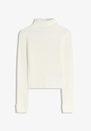 Weißer, gerippter Rollkragenpullover mit langen Ärmeln und figurbetontem Schnitt. Weiche Textur mit umgeschlagenen Bündchen; cropped Länge.