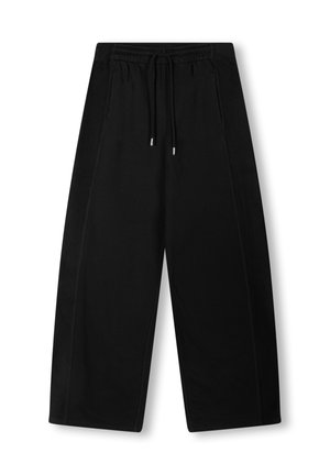 Schwarze weit geschnittene Hosen aus weichem Stoff, mit einem elastischen Bund und Kordelzug sowie zwei Seitentaschen mit kontrastierenden Seitenpanelen.