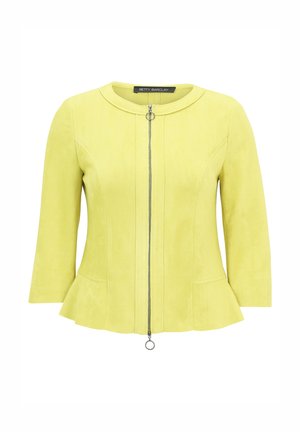 Yellow suede jacket with a peplum hem and three-quarter sleeves. Features a front zipper with a circular pull and a round collar.