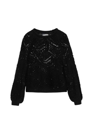 Schwarzer gestrickter Pullover mit einem strukturierten offenen Gewebe-Muster, Rundhalsausschnitt und langen, gepufften Ärmeln mit gerippten Bündchen.