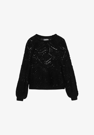 Schwarzer gestrickter Pullover mit einem strukturierten offenen Gewebe-Muster, Rundhalsausschnitt und langen, gepufften Ärmeln mit gerippten Bündchen.