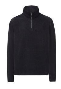 Sort fleece pullover med høj krave og halv lynlås foran. Blød tekstur, lange ærmer og en afslappet pasform. Enkel, ensfarvet uden mønstre.