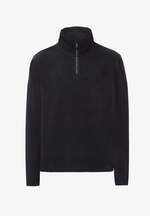Mustvalge fliisist pullover, millel on kõrge kaelus ja pooltõmblukk ees. Pehme tekstuur, pikad varrukad ja vabalt istuv lõige. Lihtne, ühevärviline ilma mustriteta.