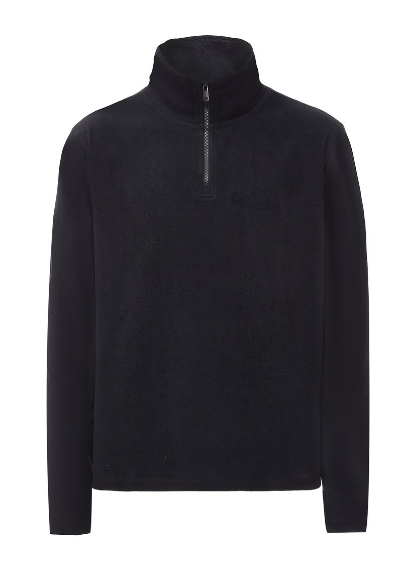Sort fleece pullover med høj krave og halv lynlås foran. Blød tekstur, lange ærmer og en afslappet pasform. Enkel, ensfarvet uden mønstre.