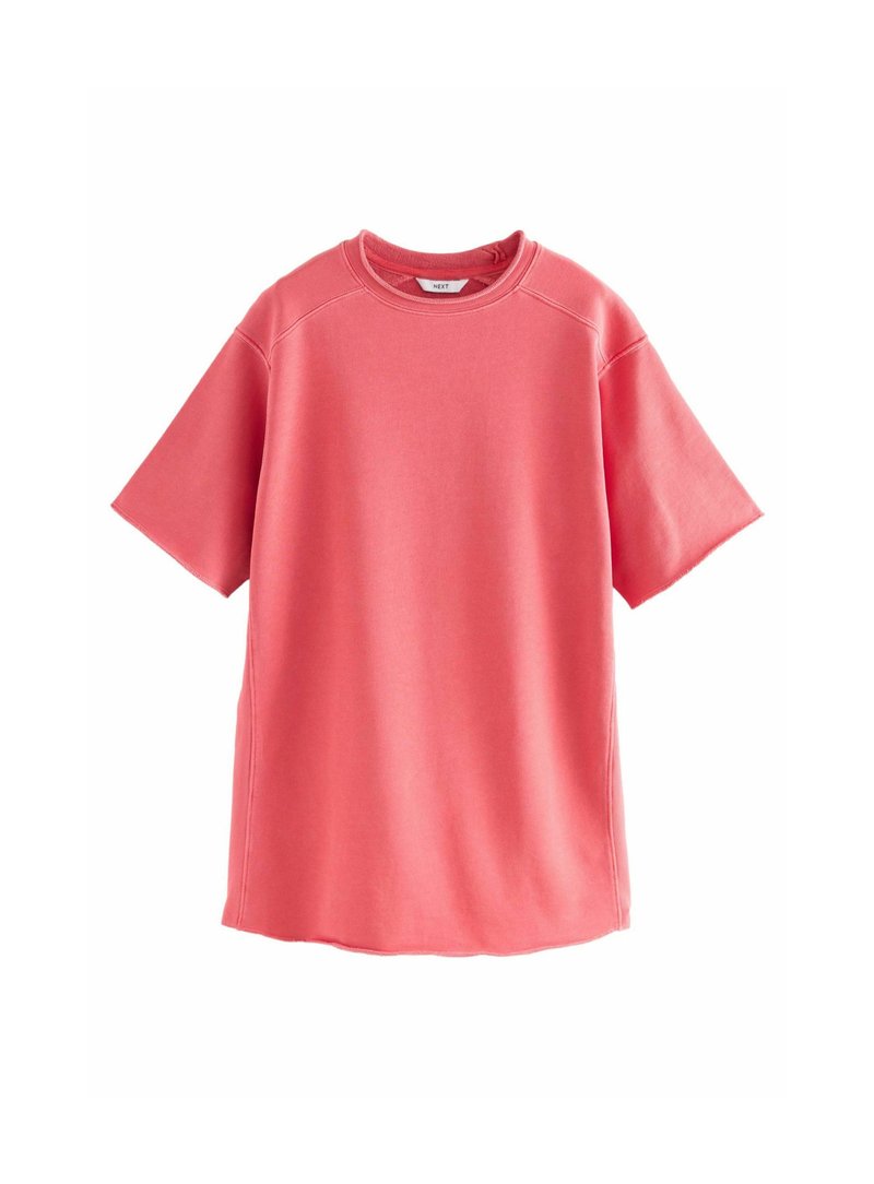Koraalkleurig oversized t-shirt, korte mouwen, ronde hals, zachte textuur, gladde afwerking, met contrasterende stiksels langs de naden.