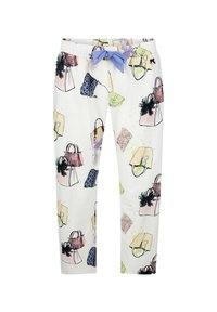 Witte katoenen broek met een speelse print van verschillende handtassen en accessoires in pastelkleuren. Inclusief een blauwe trekkoordelastiek.