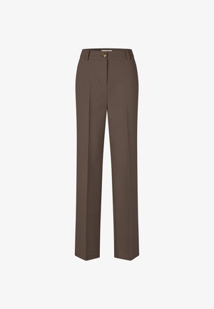 Pantalons marron à jambes droites avec passants de ceinture et fermeture à un bouton à l'avant, présentés sur fond blanc.