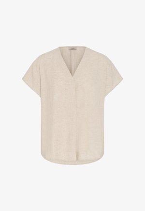 Beige bluse med korte ærmer og V-hals, løs pasform og let tekstureret stof, velegnet til afslappet eller business casual påklædning.