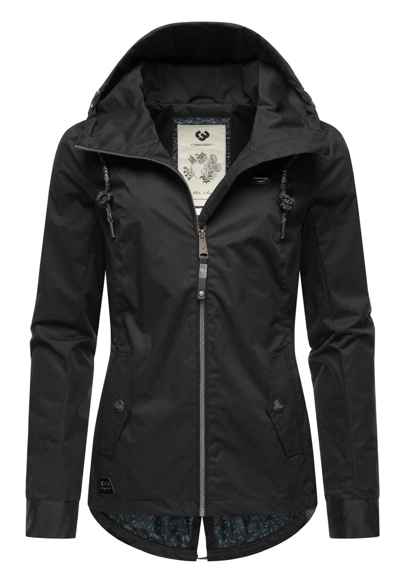 Svart jacka med dragkedja framtill, snörning vid huvan och sidofickor. Har blommigt mönstrad foder och logotypdetalj vid nederkanten.