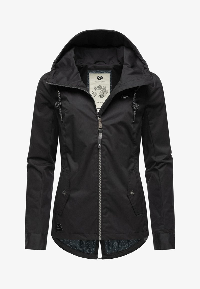 Black jacket with a zip front, drawstring hood, and side pockets. Features floral patterned lining and logo detail near the hem.