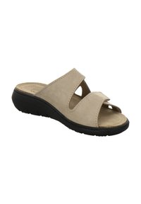 Beige open-toe slip-on sandal with two wide straps and a contoured black sole for added comfort and support.