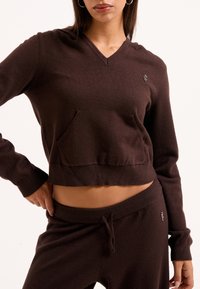 Maglione corto marrone con scollo a V, maniche lunghe e tasca frontale. Realizzato in materiale morbido, presenta un logo accentato sul petto.