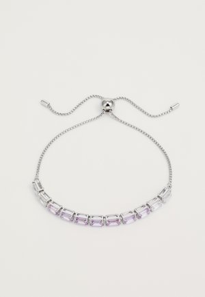 Silver chain bracelet featuring alternating clear and purple rectangular stones, with a sliding clasp for adjustable length.