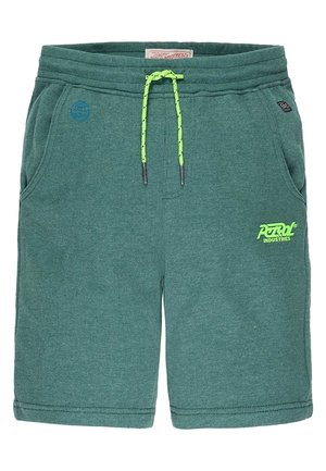 Shorts décontractés bleu sarcelle avec cordon de serrage vert fluo et logo "Petrol Industries" sur la poche avant droite. Deux poches latérales et taille élastique.